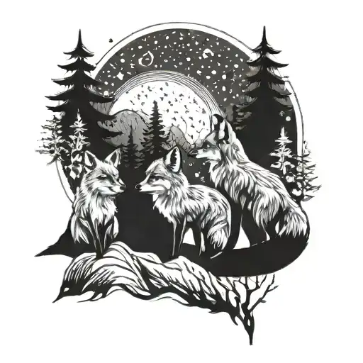 2 Cute Foxes From Behind During A Starry Night Admiring A Mountain And Forest Landscape