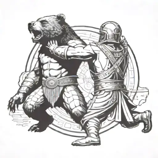Roman Gladiator Fighting A Bear In A Colosseum