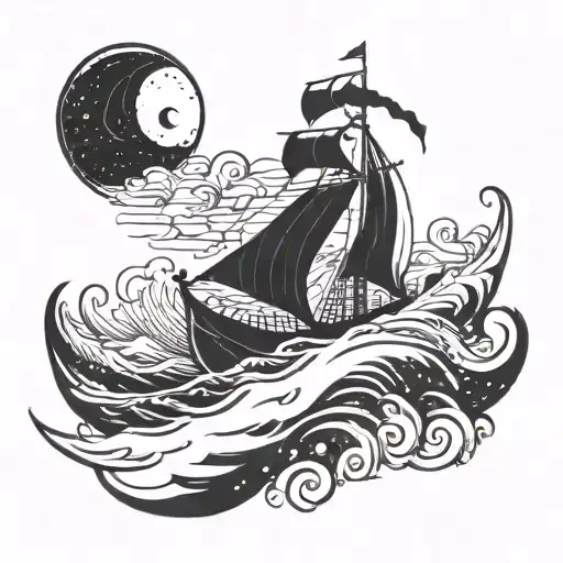 Nordic Ship In Rough Seas Nightsky And Moon Surrounded