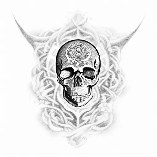 A Dark And Haunting Blackwork Design Featuring A Skull Engulfed In Nebulae