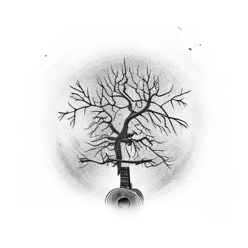 A Dead Tree With Acoustic Guitar Leaning Up Against It
