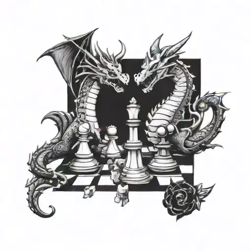 Dragon-themed Chess Pieces Battling On A Chessboard