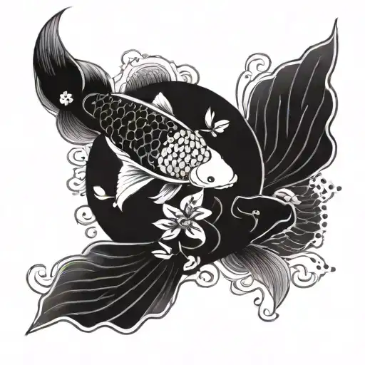 A Japanese Inspired Tattoo Featuring A Koi Fish Swimming Among A Garden Of Intricate Flowers