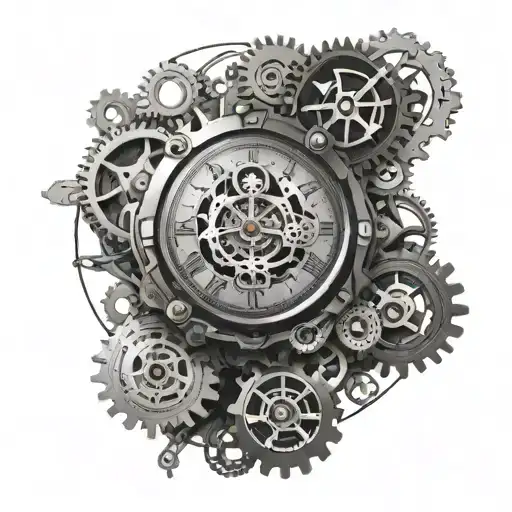 A Detailed Mechanical Clock With Gears And Cogs Intertwined With Clouds In The Background