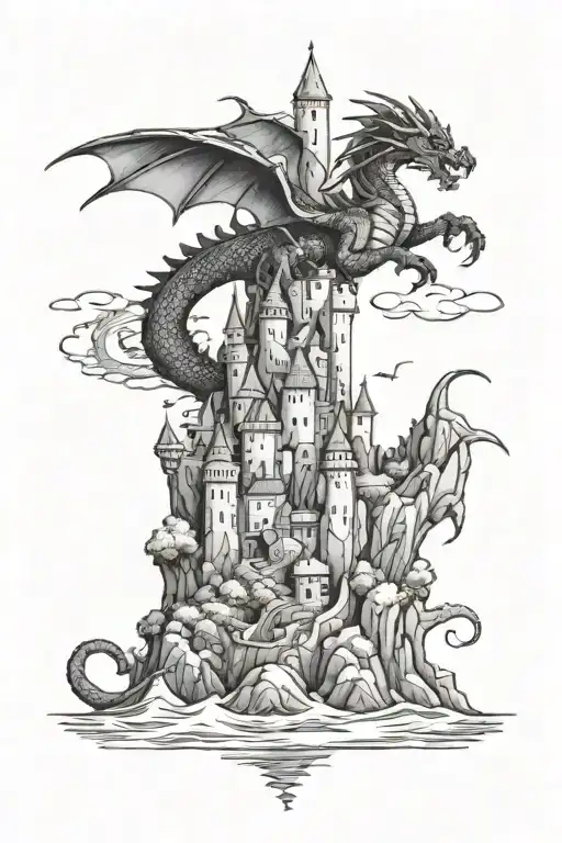 A Dragon Flying Above Of A Coast With A Castle
