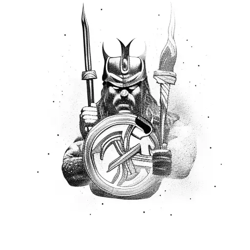 A Powerful Norse God Forging A Car Engine With A Hammer In A Blackwork Style