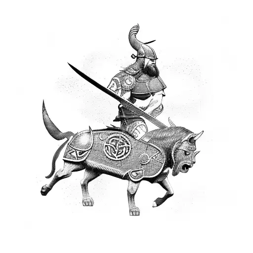 A Fierce Viking Warrior Riding A Mechanical Steed In A Blackwork Style