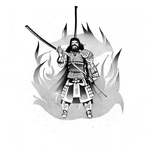 A Fierce Samurai Warrior Standing In A Field Of Fire