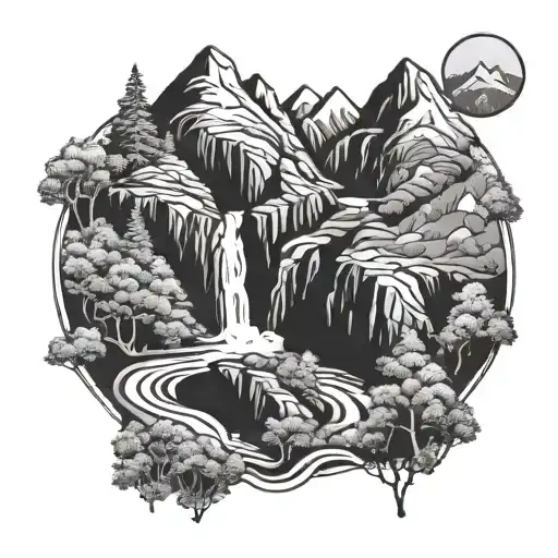 A Detailed Mountain Landscape With Winding Trails And A Hidden Waterfall