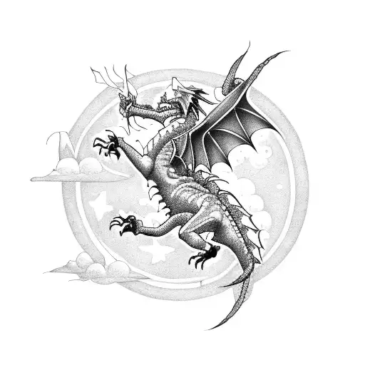 A Fierce Dragon Flying In The Sky Full Of Starts