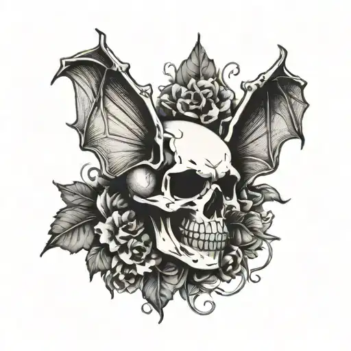 Small Skull With Bat Wings Outline Only