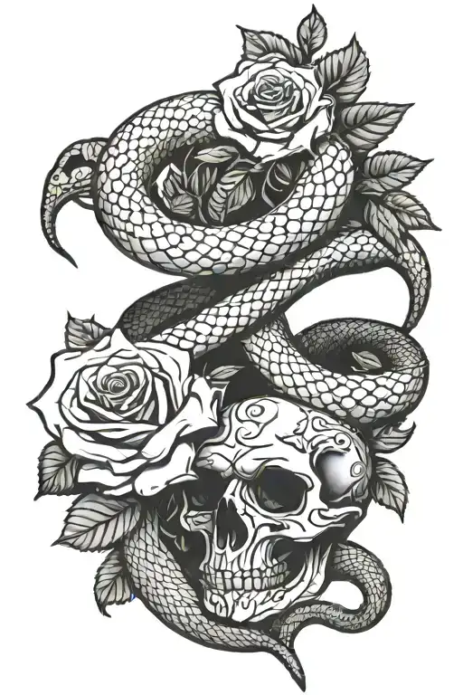 Black Mamba Snake With Skulls And Roses