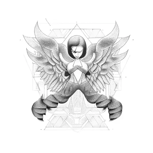 An Electrician's Tools Forming The Shape Of A Fallen Angel In A Dotwork Cityview