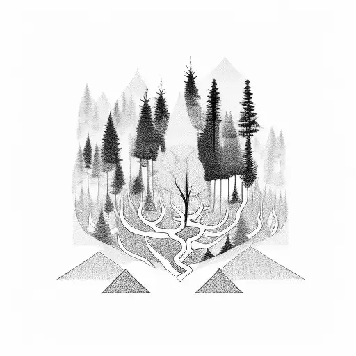 A Blackwork Tattoo Depicting A Forest Landscape Merging With An Abstract Art Piece
