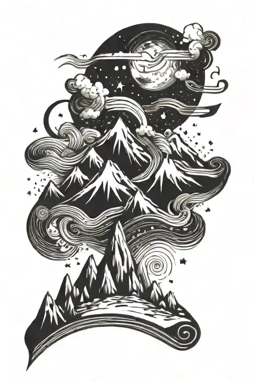 A Cosmic Mountain Landscape With Musical Notes Floating In The Sky