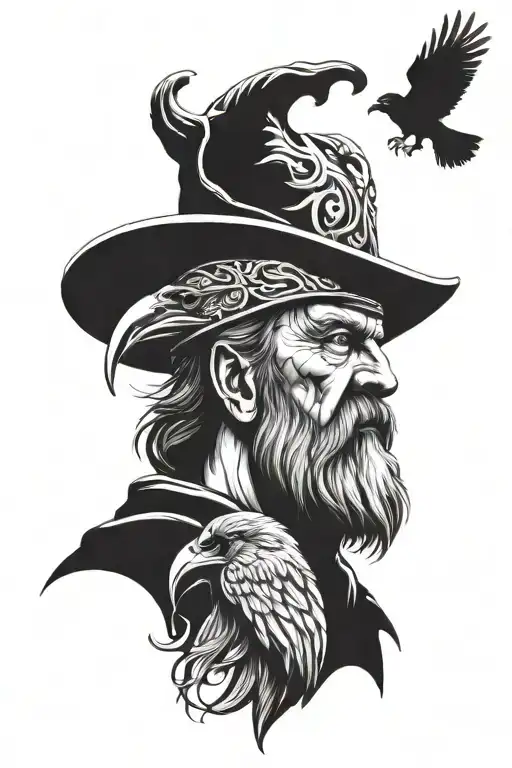 Portrait Of Odin With Raven In Black And White