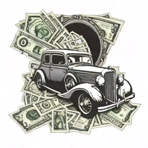 A Tattoo Design Featuring A Vintage Car Driving Through A Stack Of Dollar Bills