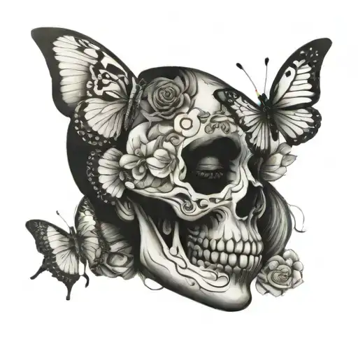 Butterfly Made Half Of Skull And Half Of Female Face