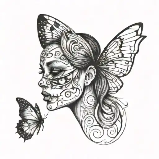 Butterfly Wings Made Half Of Skull And Half Of Female Face