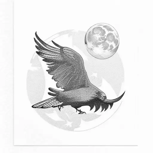 Flying Raven With Moon In Background