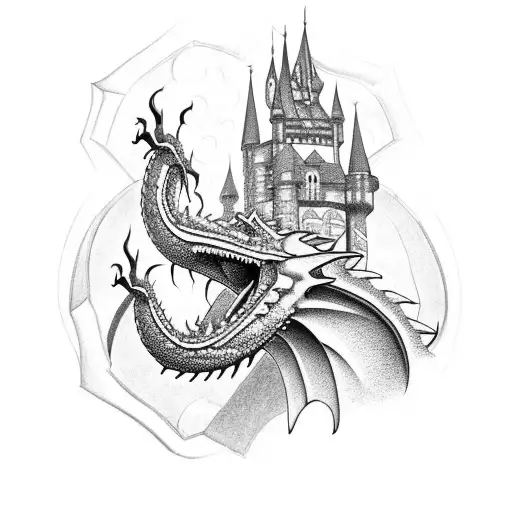 Gothic Castle Guarded By A Dragon
