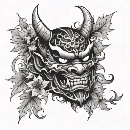 Oni Mask With Hints Of Dragon Features With Japanese Maple Leaves