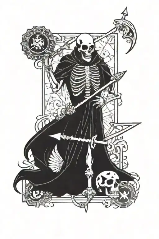 Tarot Card With Skeletal Figure Holding A Dice And A Trident