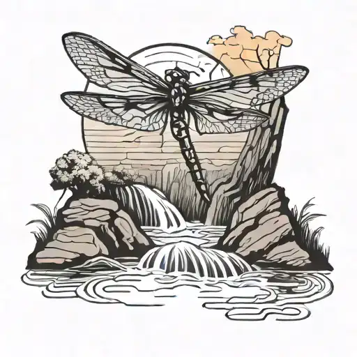 Dragonfly Flying Over A Waterfall At Sunset