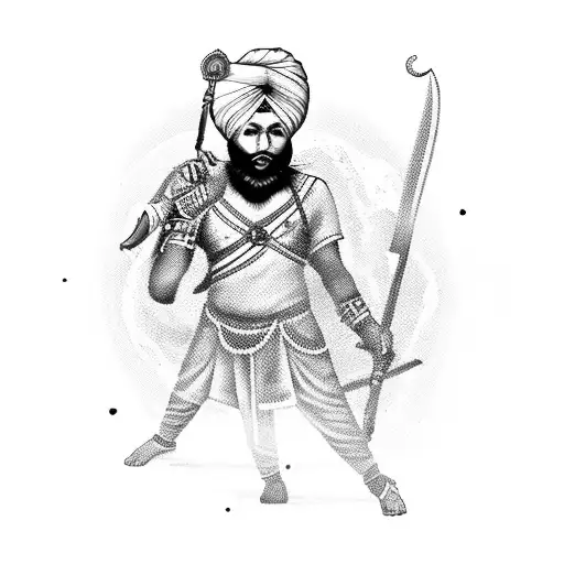 Sikh Warrior Wielding A Powerful Weapon And Surrounded By Historical Sikh Symbols
