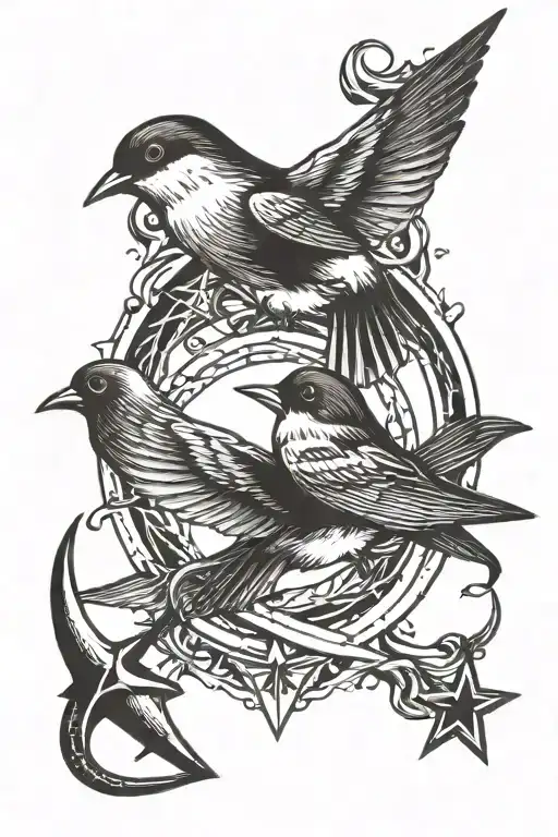 2 Swallows Flaying With An Anchor Intertwined With 11 Stars