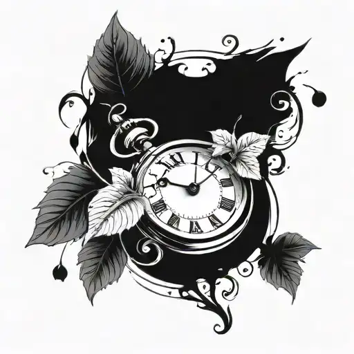 Tattoo Design About Time And A Lot Of Clock With Little Bit Leaf For Long Sleeve