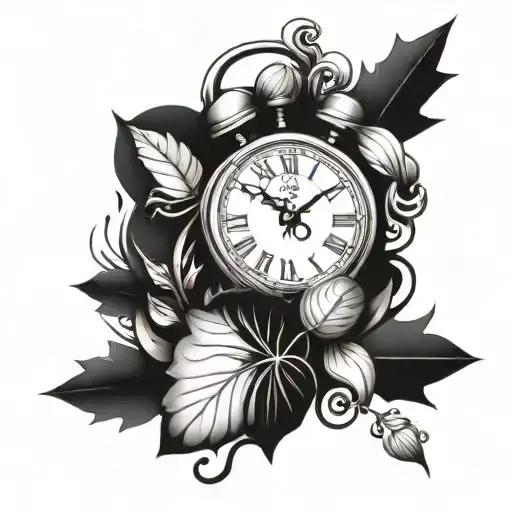 Tattoo Design About Time With Five Clock With Little Bit Leaf For Long Sleeve