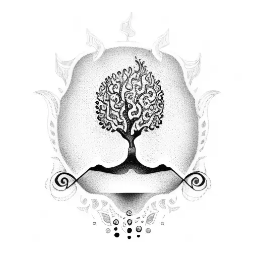 A Dotwork Tattoo Of A Tree Made Of Musical Notes With Water Flowing Beneath It