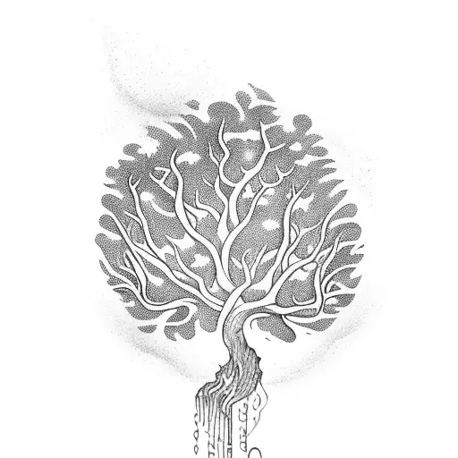 A Black Tattoo Of A Tree Made Of Musical Notes With Water Flowing Beneath It