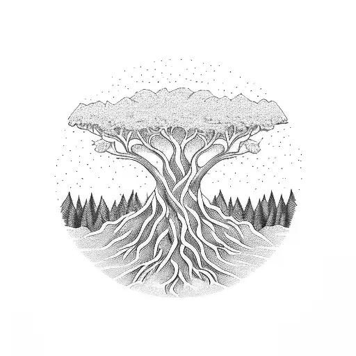 Tree Of Life With Roots That Form Mountain Range