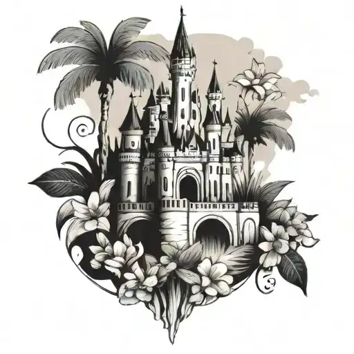 A Whimsical Disney Castle Surrounded By Tropical Flowers