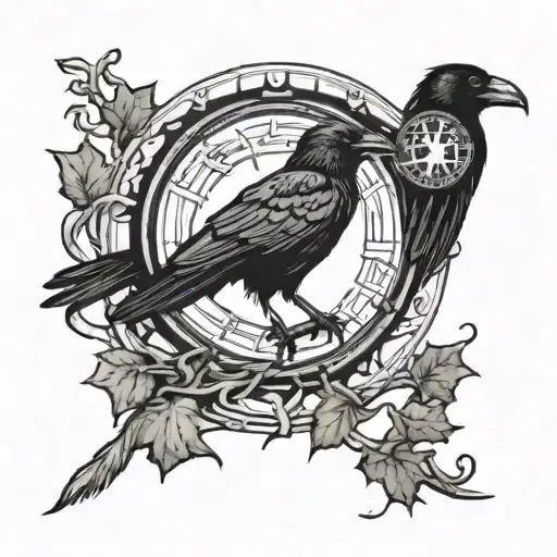 Raven Perched On A Vegvisir Symbol With A Cresent Moon In The Background