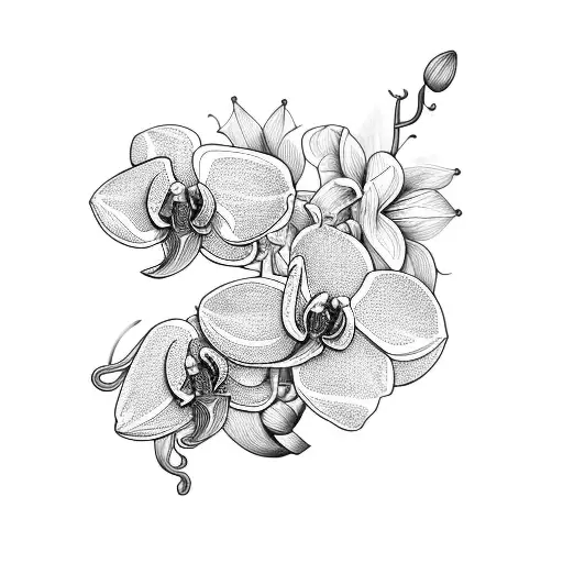 An Intricate Blackwork Design Of An Orchid Flower Intertwined With The Letter M