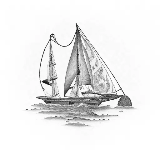 New England Style Schooner With Oars And Sextant