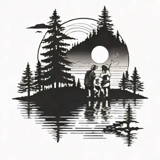 Family Of 4 Watching A Sunset On A Lake Surrounded By Pine Trees