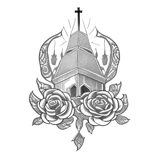 A Blackwork Tattoo Of A Church Spire Entwined With Intricate Floral Patterns