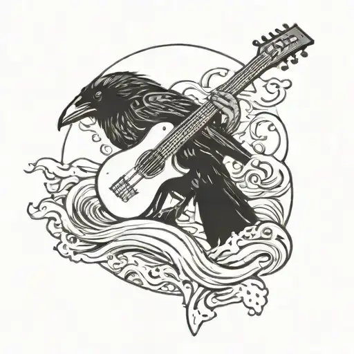 A Raven Playing A Guitar Surrounded By Ocean Waves