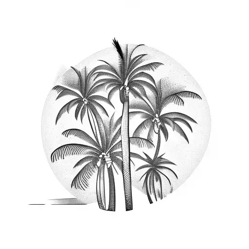 A Blackwork Tattoo Of A Palm Tree With Birds Perched On Its Branches