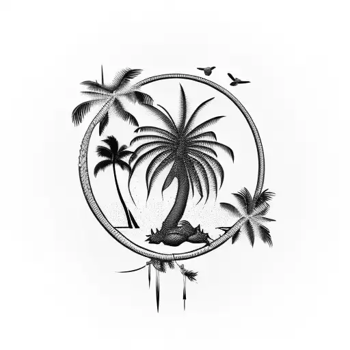 A Blackwork Tattoo Of A Palm Tree With Birds Perched On Its Branches