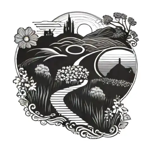 A Winding Road Leading Into A Sunset With A Field Of Flowers On The Side