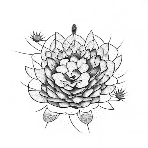 A Dotwork Tattoo Of A Cactus Blooming With Various Flowers