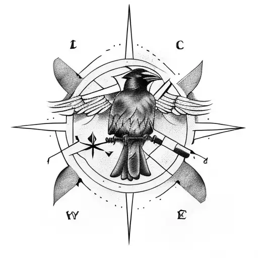 Raven And Cardinal With Nordic Compass And Woman Warrior