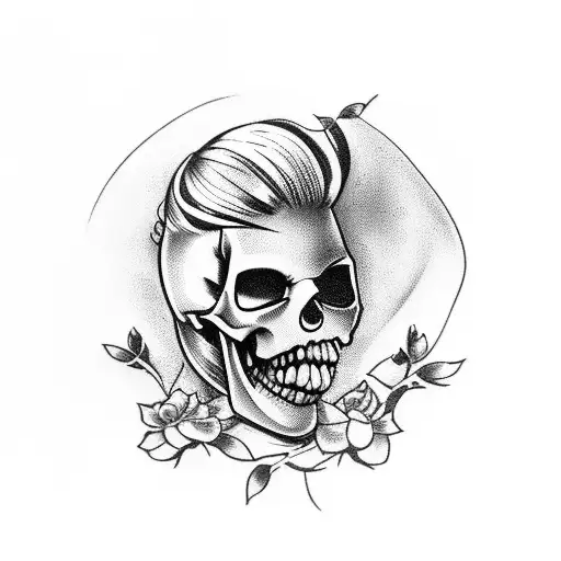 Pin Up Girl With A Skull Face And Blonde Hair Sitting On Top Of A 1972 Plymouth Under A Cherry Tree