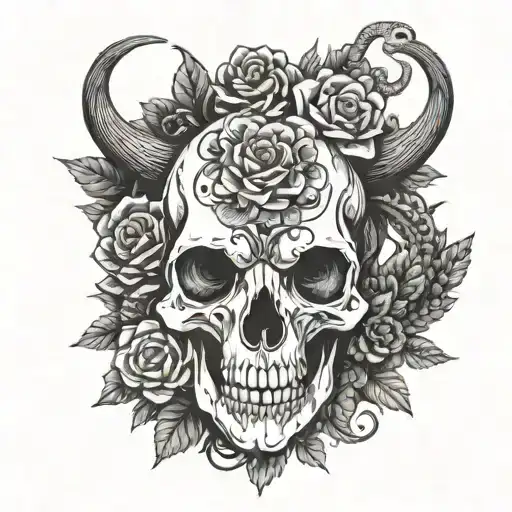 An Animal Skull Surrounded By A Wreath Of Flowers And Snakes