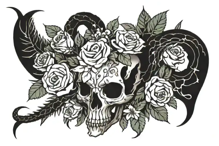 An Animal Skull Surrounded By A Wreath Of Flowers And Snakes